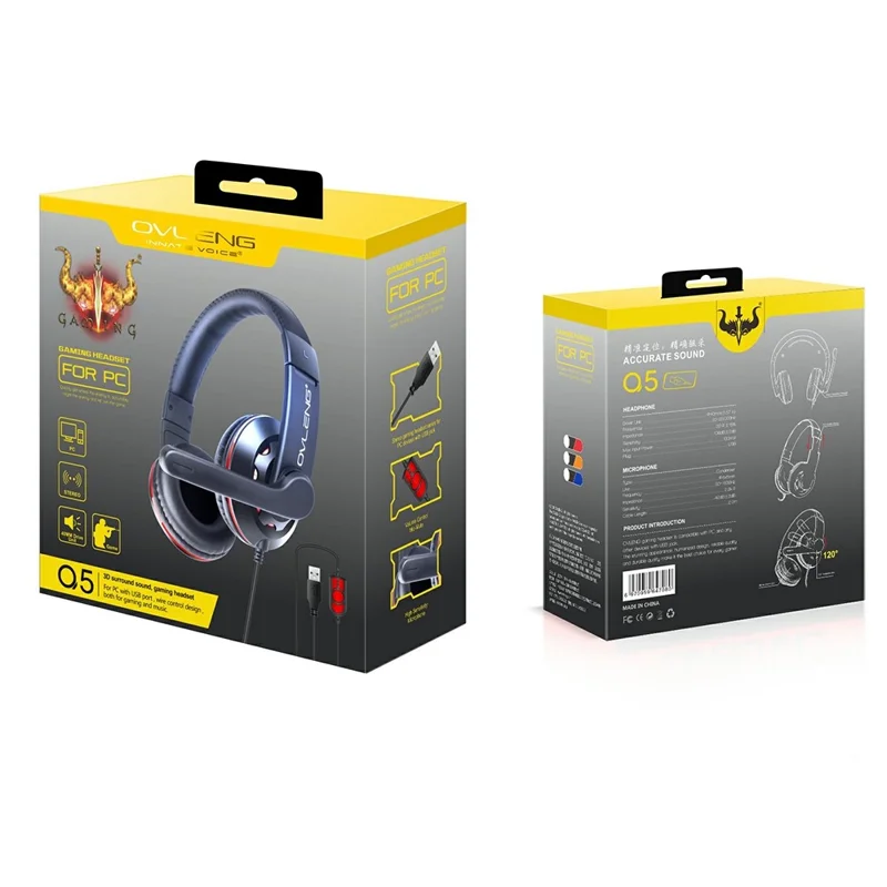 OVLENG Q5 Wired Gaming Headset USB E-sports Headphone Over-Ear Headset with Microphone - Black / Red