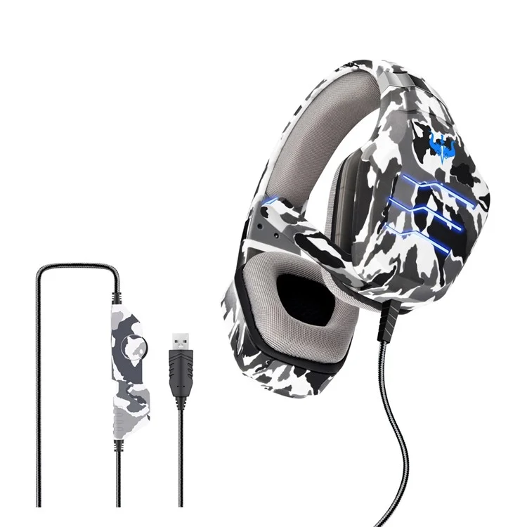 OVLENG Q9 Camouflage Wired Gaming Headset Stereo Subwoofer E-sports Headphone with LED Light USB 7.1-Channel Over-Ear Adjustable Headset - Camo Grey