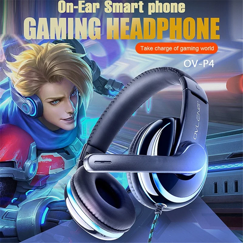 OVLENG OV-P4 Over-Ear Gaming Headset 3.5mm Cable Lightweight Retractable Headband Design Headphone with Rotation Microphone - Black