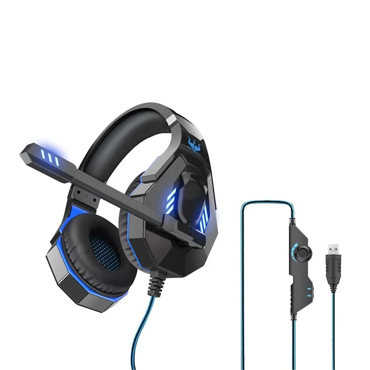 OVLENG Q10 Gaming E-sports Fone de Ouvido USB 7.1 Sonding Sounding Sound Over-Ear Ajuste Wired Wired Headset Cool LED Fone de Ouvido Com Microfone - Preto / Azul