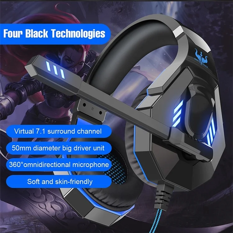 OVLENG Q10 Gaming E-sports Fone de Ouvido USB 7.1 Sonding Sounding Sound Over-Ear Ajuste Wired Wired Headset Cool LED Fone de Ouvido Com Microfone - Preto / Azul