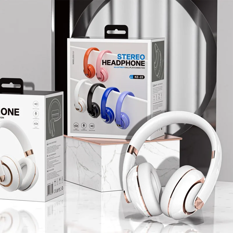 KE22 Wireless Bluetooth-compatible Headphone HiFi Stereo Sound Headset Foldable Headband Brass Earphone with Built-in Microphone - Blue