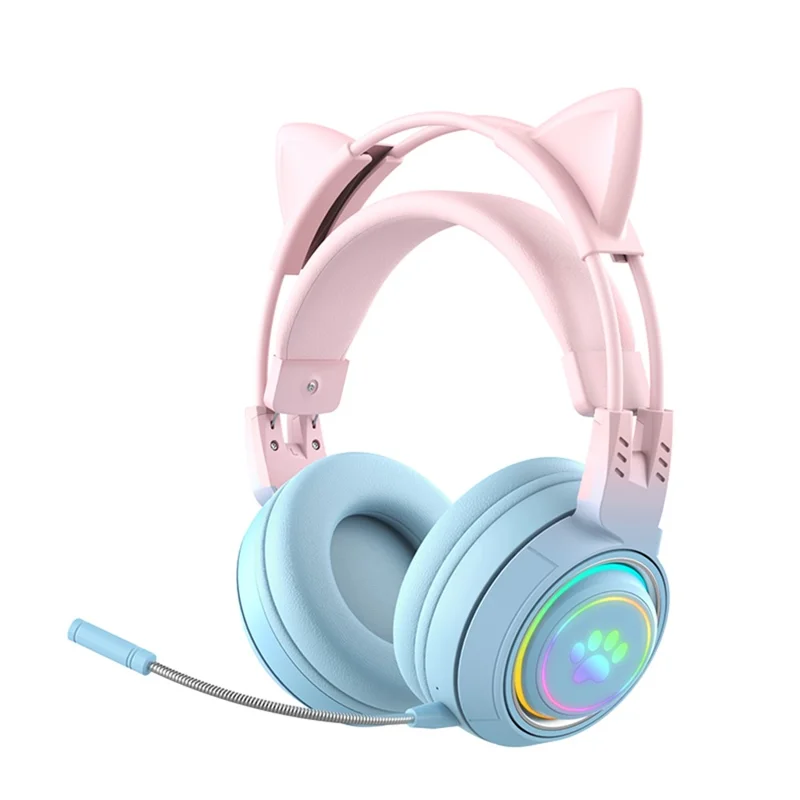 Fones de Ouvido Bluetooth Sem Fio com Luzes RGB em Formato de Orelha de Gato T25, Microfone Destacável - Azul / Rosa