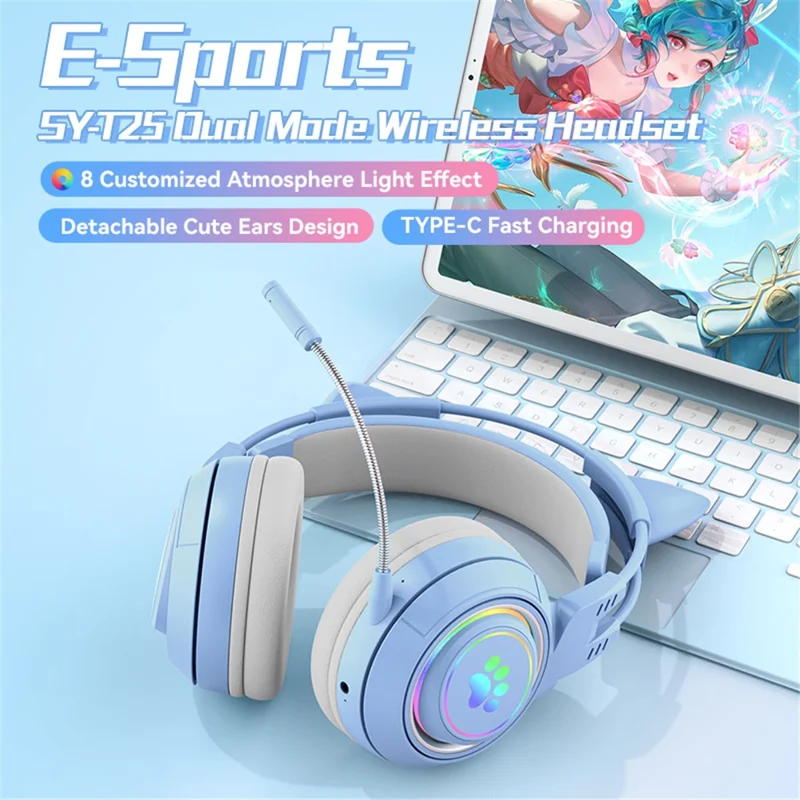 Fones de Ouvido Bluetooth Sem Fio com Luzes RGB em Formato de Orelha de Gato T25, Microfone Destacável - Azul / Rosa