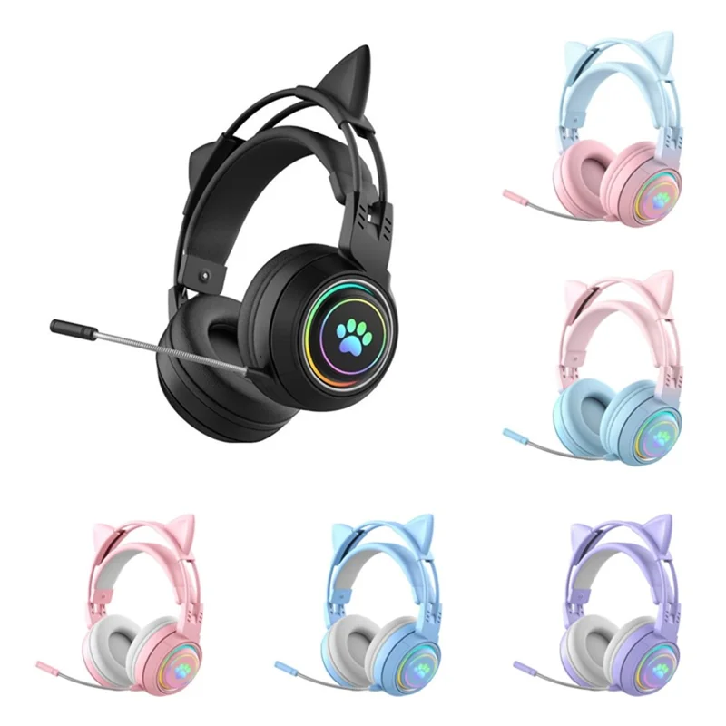 Fones de Ouvido Bluetooth Sem Fio com Luzes RGB em Formato de Orelha de Gato T25, Microfone Destacável - Azul / Rosa