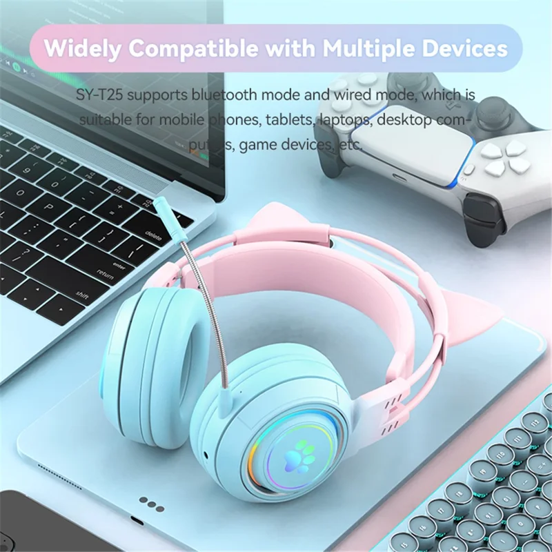 Fones de Ouvido Bluetooth Sem Fio com Luzes RGB em Formato de Orelha de Gato T25, Microfone Destacável - Azul / Rosa