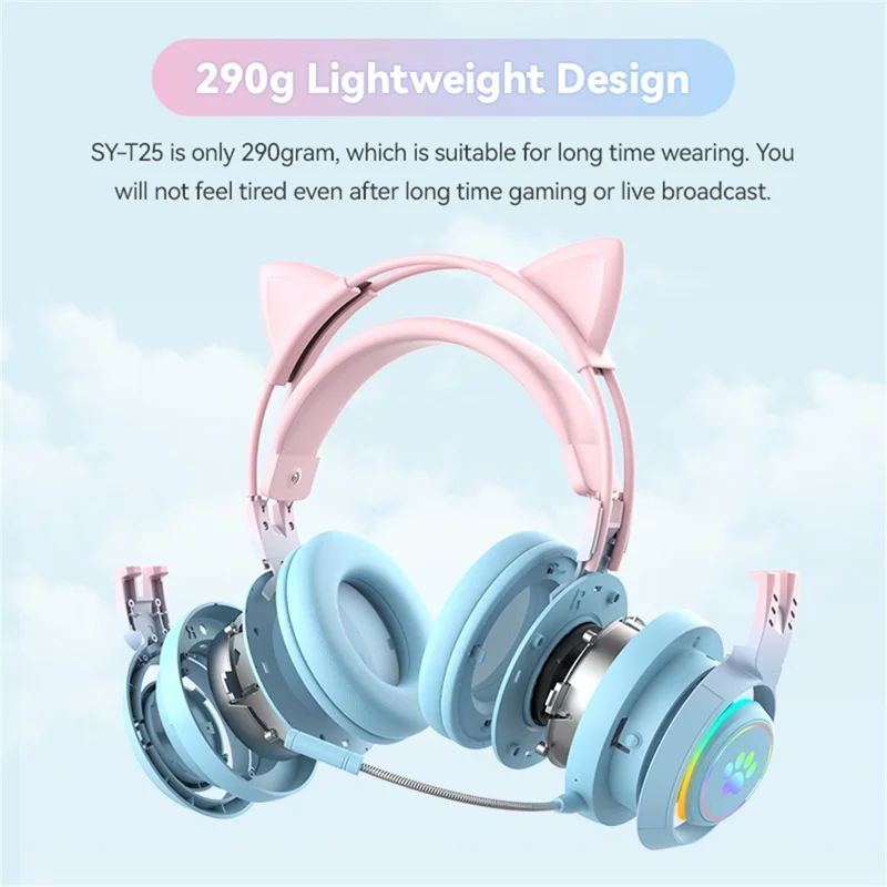 Fones de Ouvido Bluetooth Sem Fio com Luzes RGB em Formato de Orelha de Gato T25, Microfone Destacável - Azul / Rosa