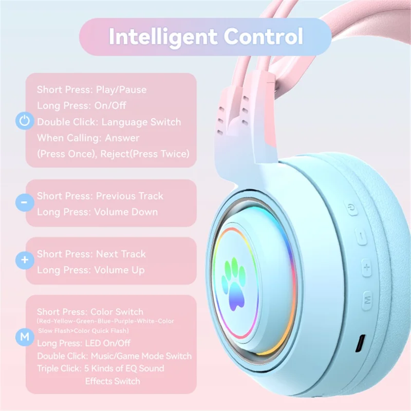 Fones de Ouvido Bluetooth Sem Fio com Luzes RGB em Formato de Orelha de Gato T25, Microfone Destacável - Azul / Rosa