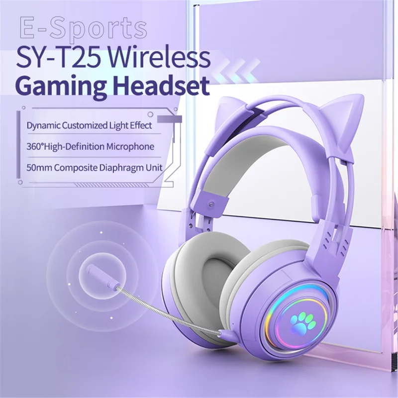 T25 Cute Cat Ears Headphones RGB Lighting Bluetooth-compatible Wireless Headset with  Detachable Mic - Purple