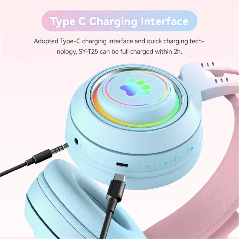 T25 Cute Cat Ears Headphones RGB Lighting Bluetooth-compatible Wireless Headset with  Detachable Mic - Purple