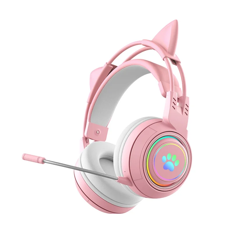 T25 Cute Cat Ears Headphones RGB Lighting Bluetooth-compatible Wireless Headset with  Detachable Mic - Pink