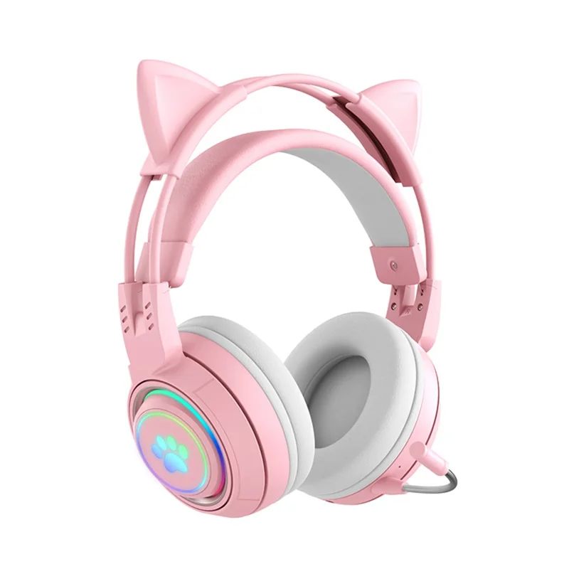 T25 Cute Cat Ears Headphones RGB Lighting Bluetooth-compatible Wireless Headset with  Detachable Mic - Pink