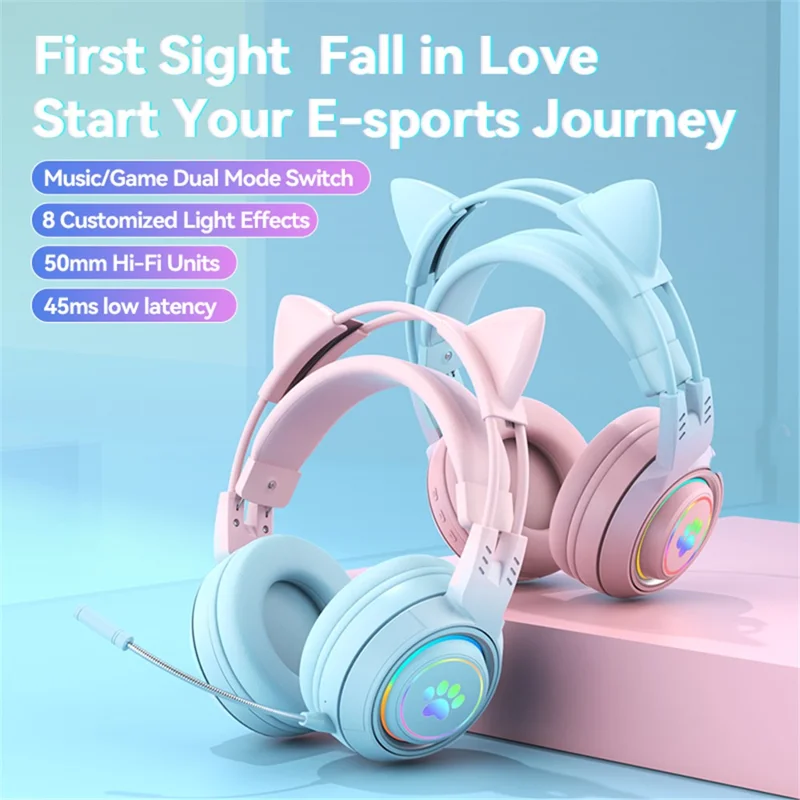 T25 Cute Cat Ears Headphones RGB Lighting Bluetooth-compatible Wireless Headset with  Detachable Mic - Pink