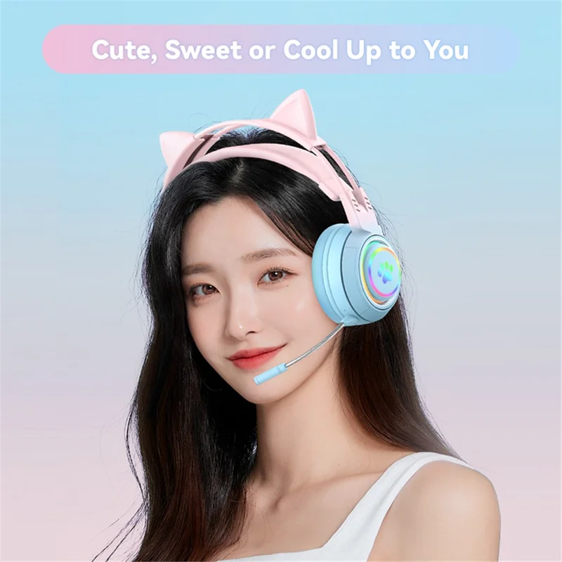 T25 Cute Cat Ears Headphones RGB Lighting Bluetooth-compatible Wireless Headset with  Detachable Mic - Pink