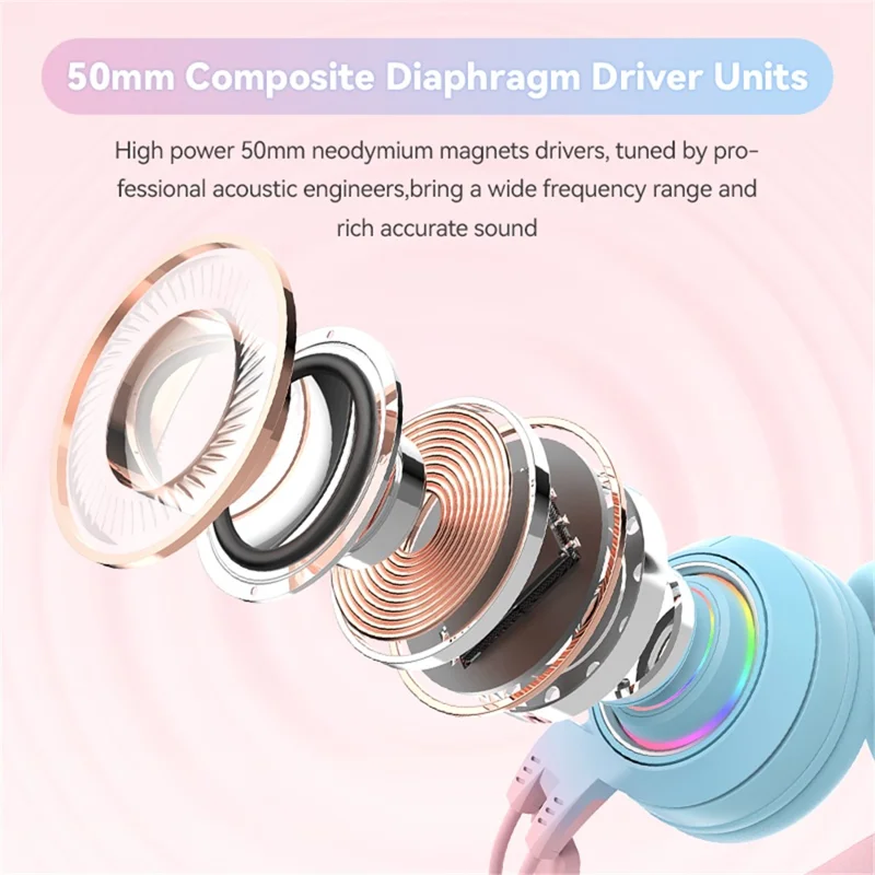 T25 Cute Cat Ears Headphones RGB Lighting Bluetooth-compatible Wireless Headset with  Detachable Mic - Pink