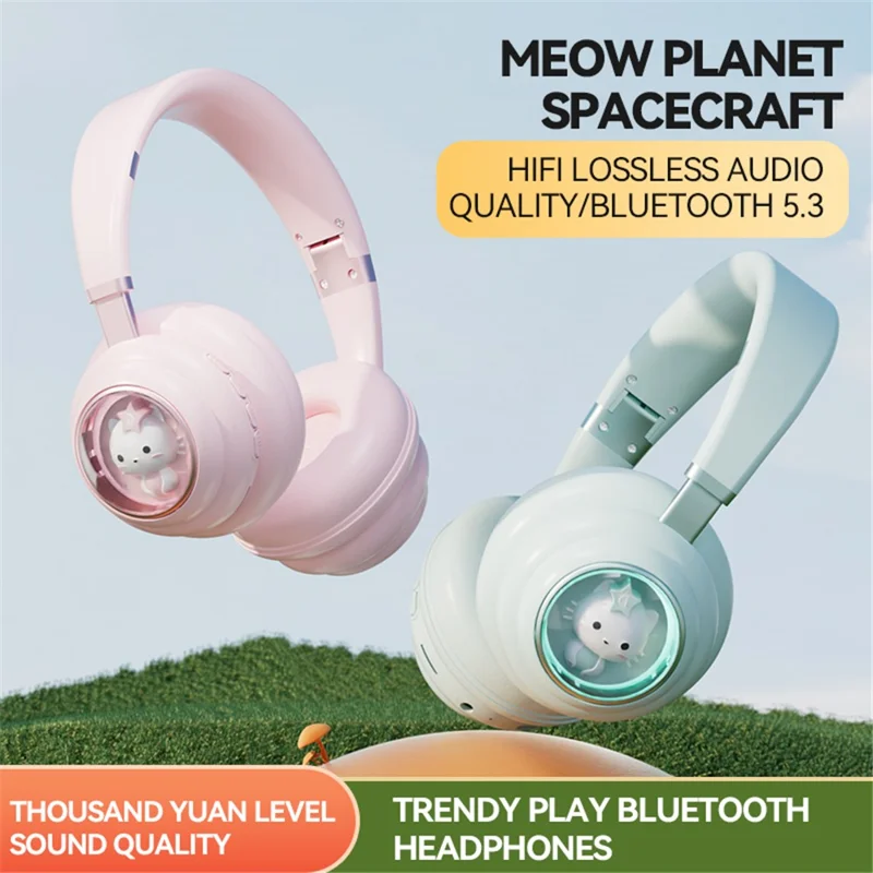KE-30 Cat Space Capsule Design Wireless Headset RGB Colorful Light Gaming Bluetooth-compatible Headphone - Beige