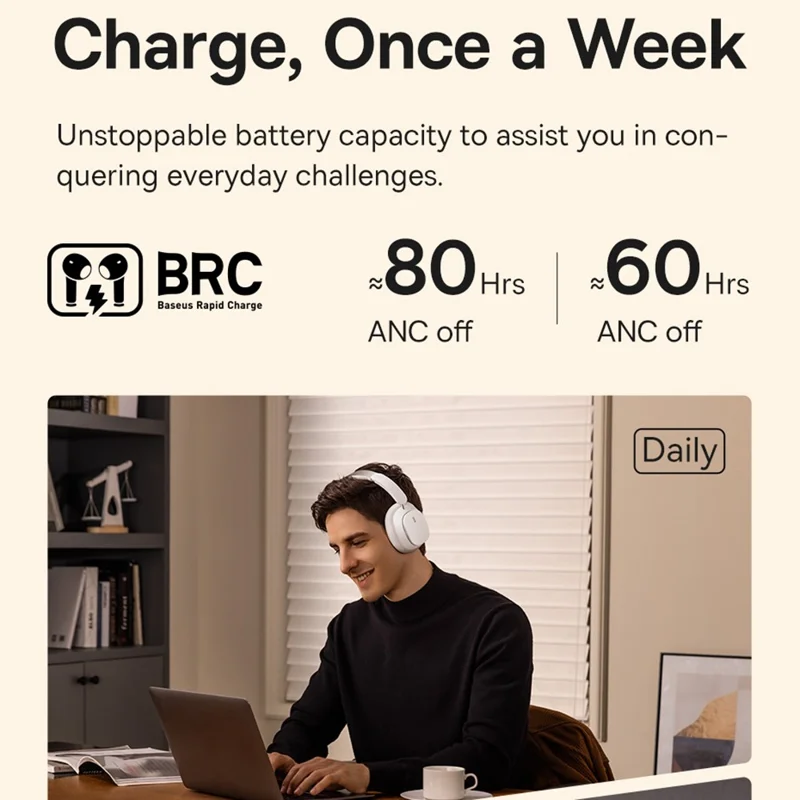 BASEUS Bowie H1 Pro Noise-Cancellation Wireless Headset LHDC Decode Headphones Low-Latency Bluetooth Earphone - White