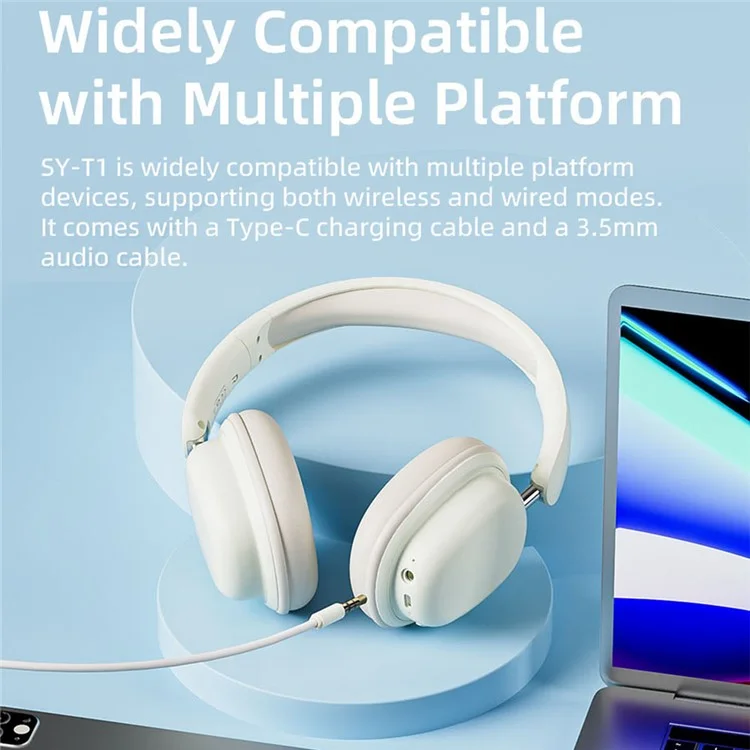 SY-T1 Over-Ear Bluetooth-compatible Headset Foldable Gaming Headphones with Plug-in ENC Microphone - Blue