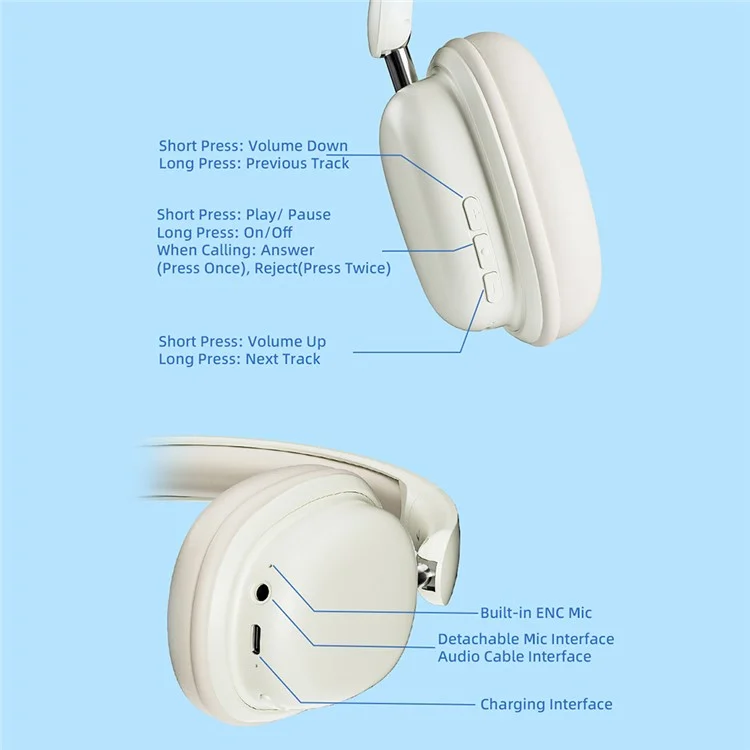 SY-T1 Over-Ear Bluetooth-compatible Headset Foldable Gaming Headphones with Plug-in ENC Microphone - Blue