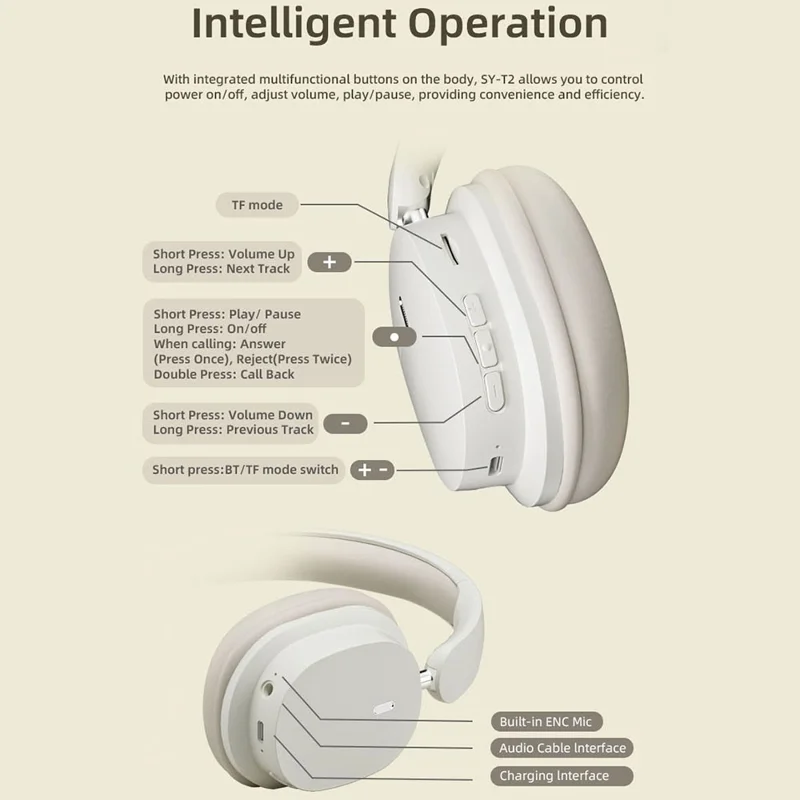 SY-T2 Wireless Over-Ear Bluetooth-compatible Headphone Foldable Headset with Built-in Noise Cancelling Microphone - Blue