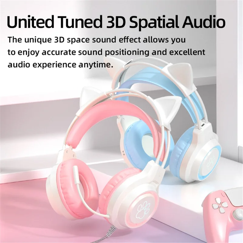 G35 Detachable Cat Ears PC Gaming Headset Wired Over-ear Headphones with Mic - Blue