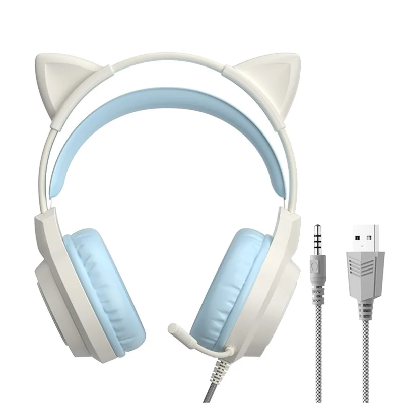 G35 Detachable Cat Ears PC Gaming Headset Wired Over-ear Headphones with Mic - Blue