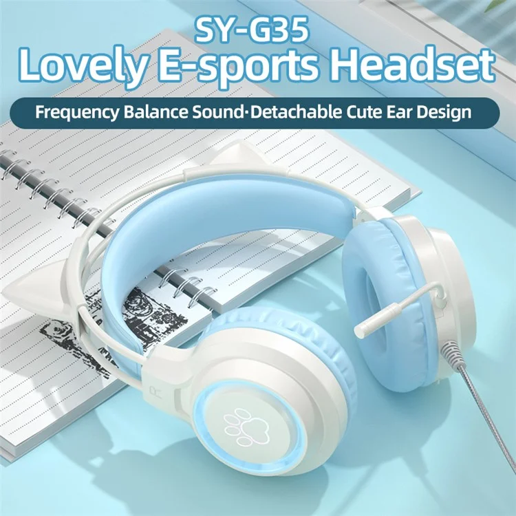 G35 Detachable Cat Ears PC Gaming Headset Wired Over-ear Headphones with Mic - Green