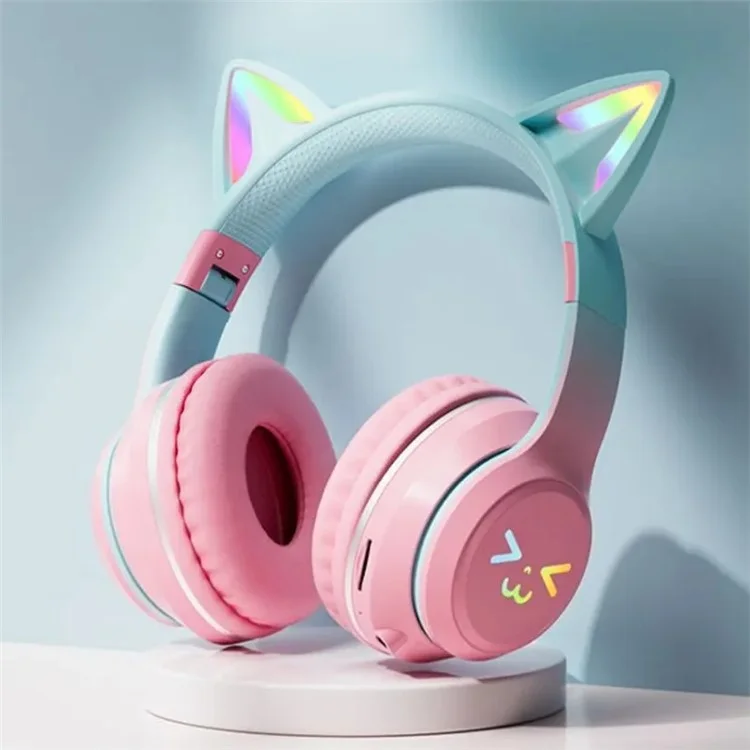 BT612 Casque d'écoute pour jeux avec oreilles de chat mignon et dégradé, avec éclairage RVB, pliable et sans fil Bluetooth - Rose