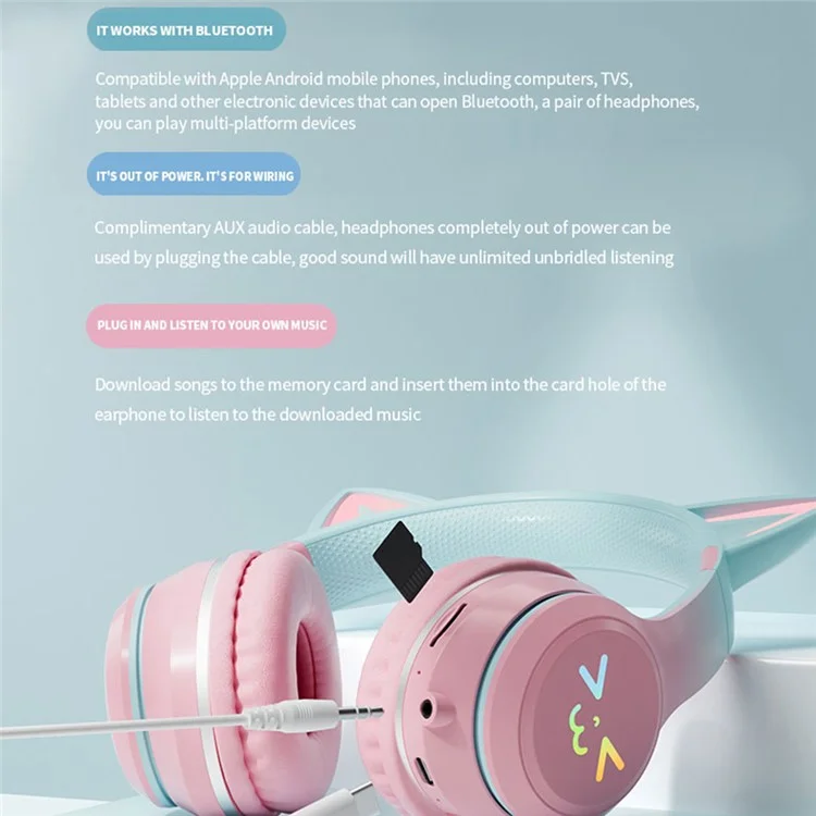 BT612 Casque d'écoute pour jeux avec oreilles de chat mignon et dégradé, avec éclairage RVB, pliable et sans fil Bluetooth - Rose