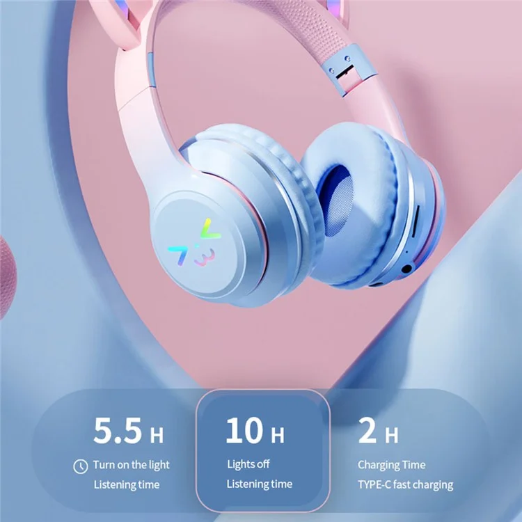 BT612 Casque d'écoute pour jeux avec oreilles de chat mignon et dégradé, avec éclairage RVB, pliable et sans fil Bluetooth - Rose