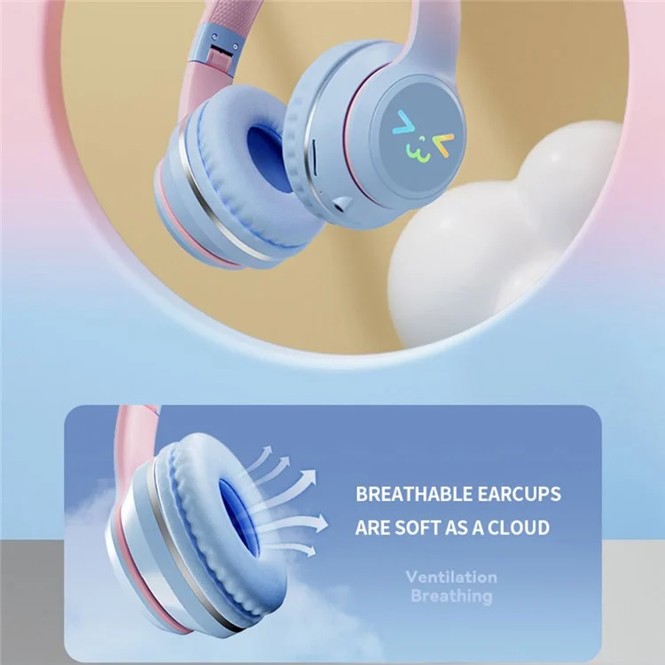 BT612 Casque d'écoute pour jeux avec oreilles de chat mignon et dégradé, avec éclairage RVB, pliable et sans fil Bluetooth - Rose