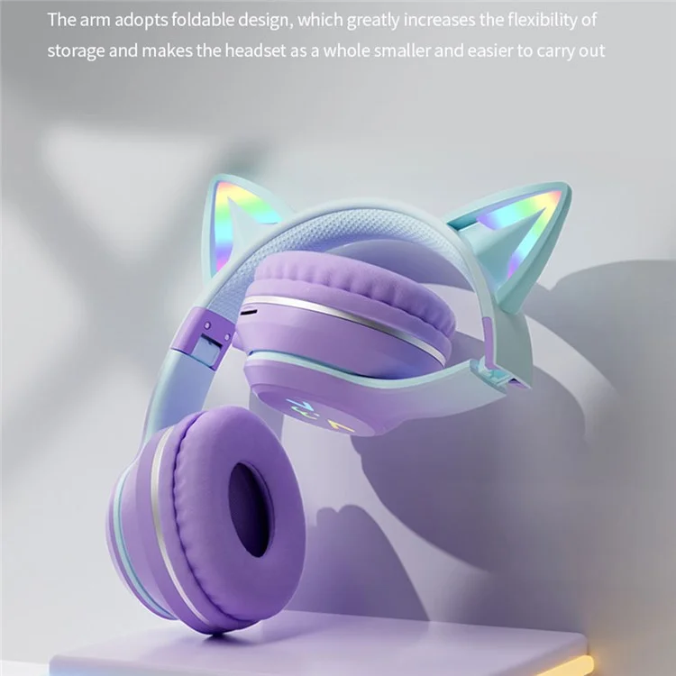 BT612 Casque d'écoute pour jeux avec oreilles de chat mignon et dégradé, avec éclairage RVB, pliable et sans fil Bluetooth - Rose