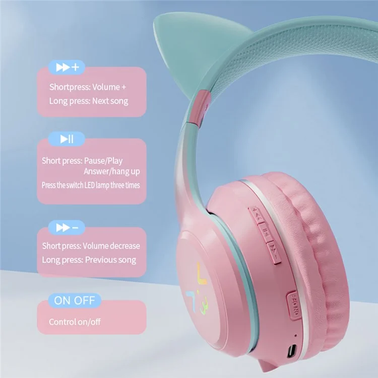BT612 Headphones with Cat Ears Gradient Bluetooth-compatible Gaming Headset with RGB Light - Blue