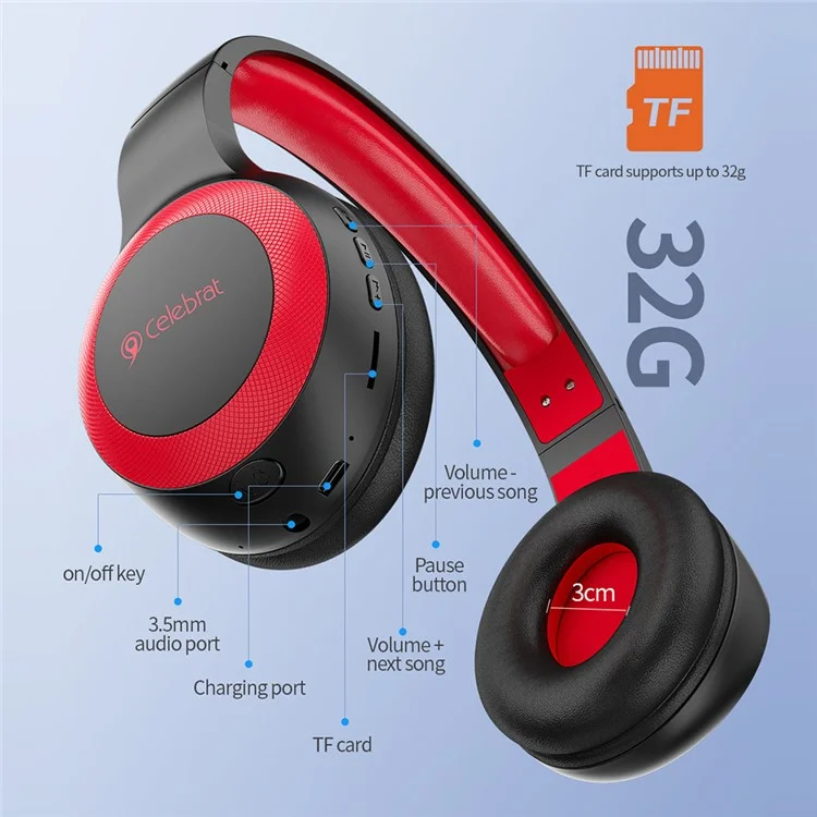 CELEBRAT A23 Bluetooth-compatible 5.0 Headphones Wireless Noise Canceling Headset Supports TF Card - Red