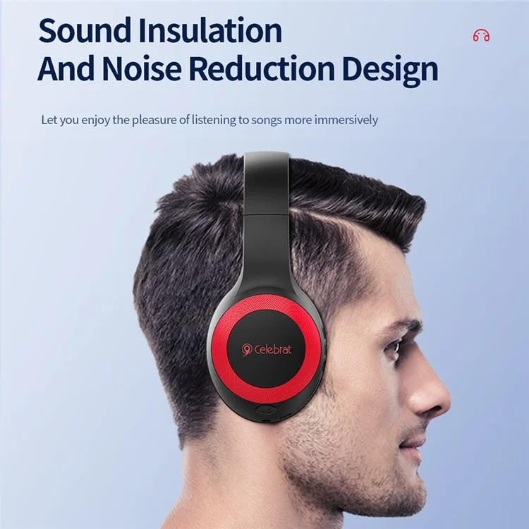 CELEBRAT A23 Bluetooth-compatible 5.0 Headphones Wireless Noise Canceling Headset Supports TF Card - Red