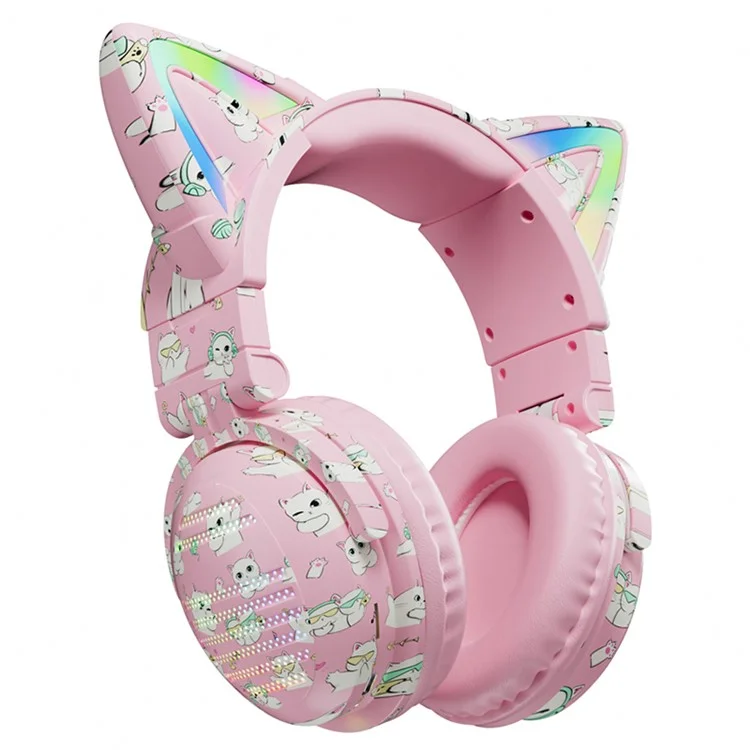 Casque Bluetooth Graffiti RGB VJ371 Cat Ear avec microphone détachable, stéréo, sans fil - Rose