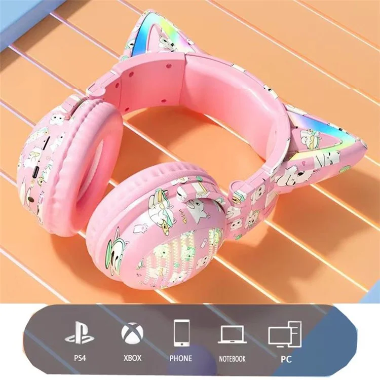 Casque Bluetooth Graffiti RGB VJ371 Cat Ear avec microphone détachable, stéréo, sans fil - Rose