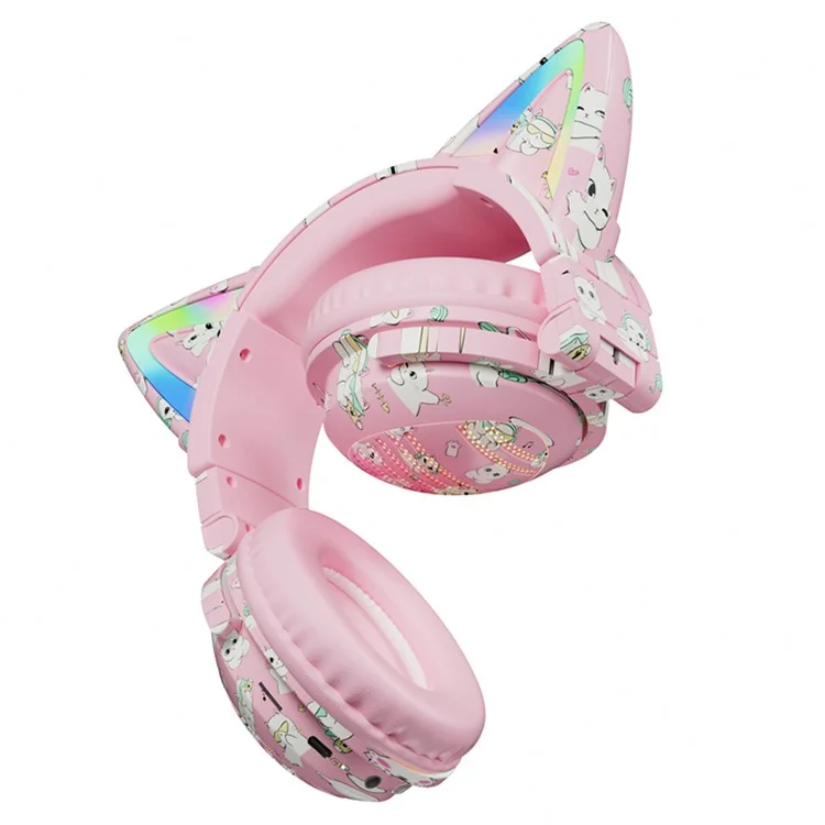 Casque Bluetooth Graffiti RGB VJ371 Cat Ear avec microphone détachable, stéréo, sans fil - Rose