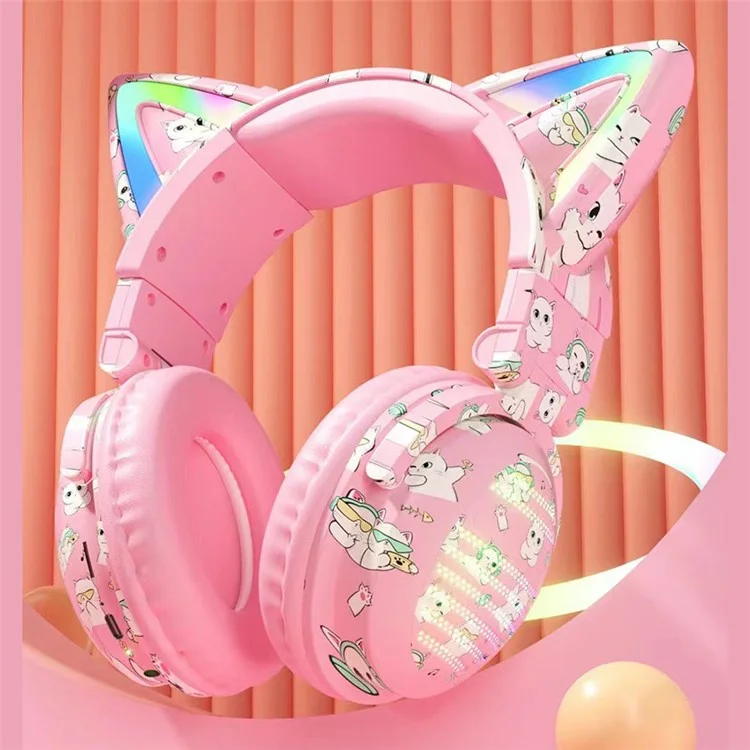 Casque Bluetooth Graffiti RGB VJ371 Cat Ear avec microphone détachable, stéréo, sans fil - Rose