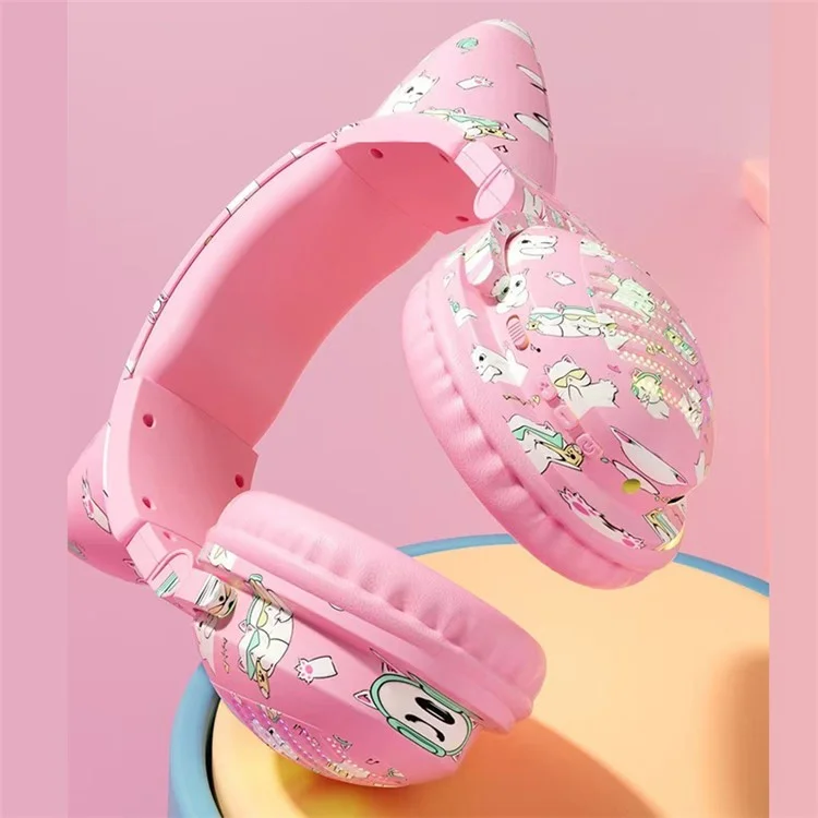 Casque Bluetooth Graffiti RGB VJ371 Cat Ear avec microphone détachable, stéréo, sans fil - Rose