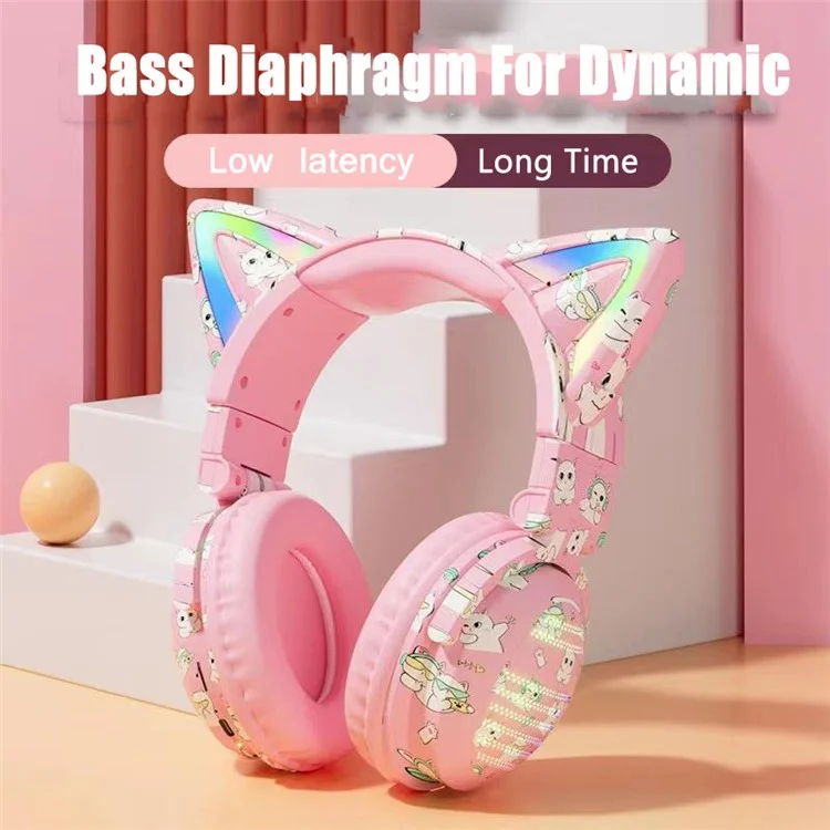 Casque Bluetooth Graffiti RGB VJ371 Cat Ear avec microphone détachable, stéréo, sans fil - Rose
