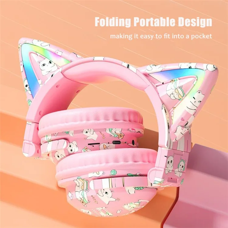 Casque Bluetooth Graffiti RGB VJ371 Cat Ear avec microphone détachable, stéréo, sans fil - Rose