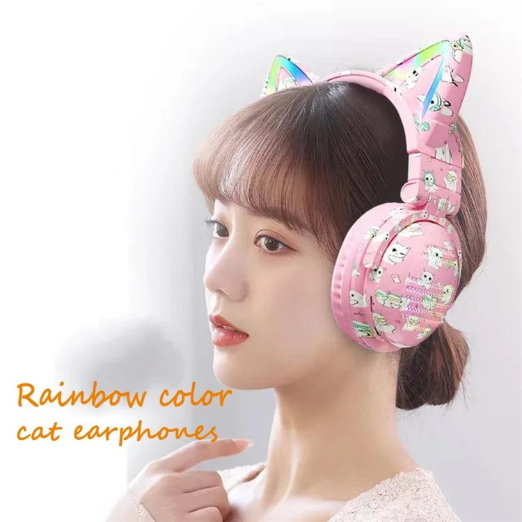 Casque Bluetooth Graffiti RGB VJ371 Cat Ear avec microphone détachable, stéréo, sans fil - Rose