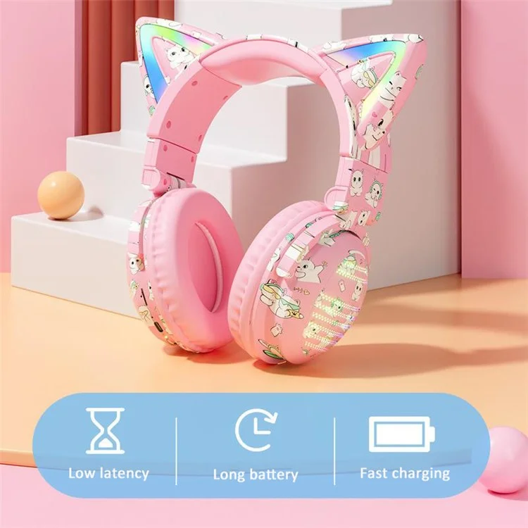 Casque Bluetooth Graffiti RGB VJ371 Cat Ear avec microphone détachable, stéréo, sans fil - Rose