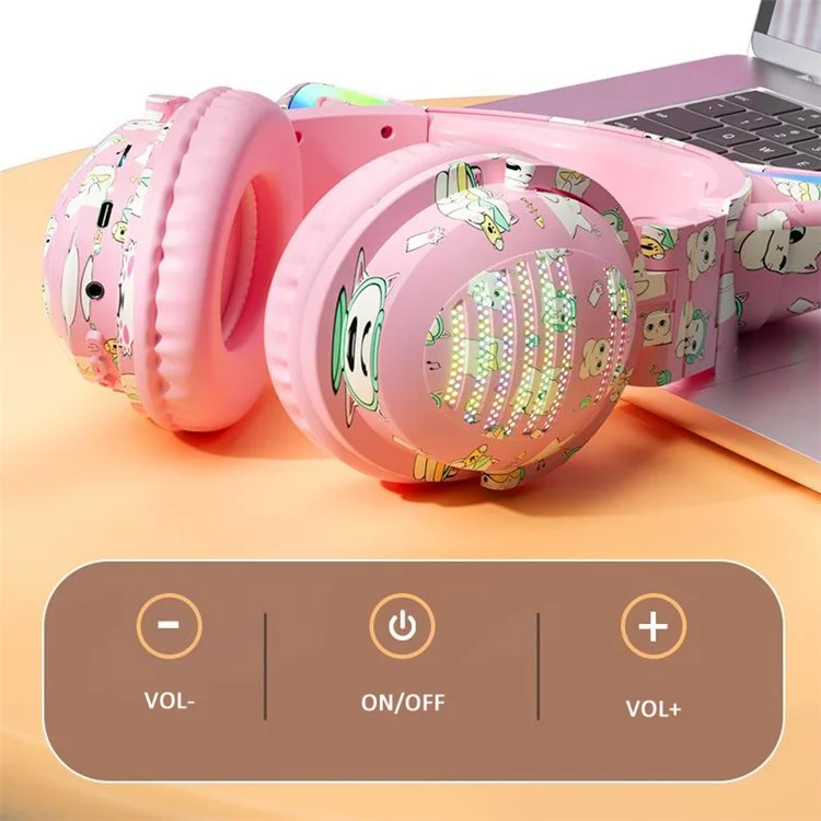 Casque Bluetooth Graffiti RGB VJ371 Cat Ear avec microphone détachable, stéréo, sans fil - Rose