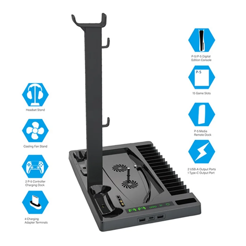 OIVO IV-P5246 For Sony PS5 Console Charge Stand Cooler Base ABS Headset Rack - Black
