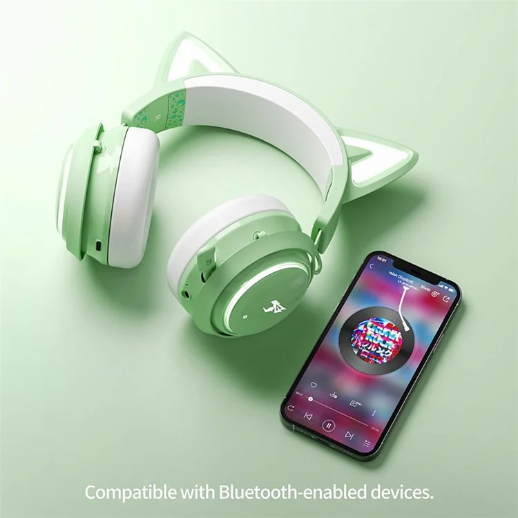 SOMIC GS510 Cat Ear Style Bluetooth-compatible Gaming Headset LED Light Wireless Headphone - Green