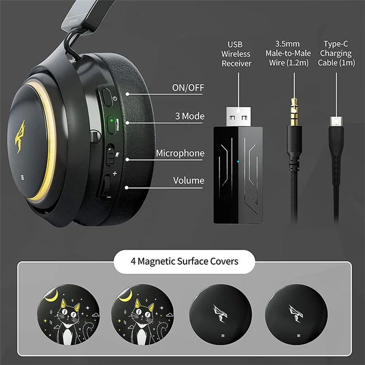 SOMIC GS510 Bluetooth-compatible / 2.4Ghz / 3.5mm Wired 3-Mode Gaming Headset with RGB Lights - Black