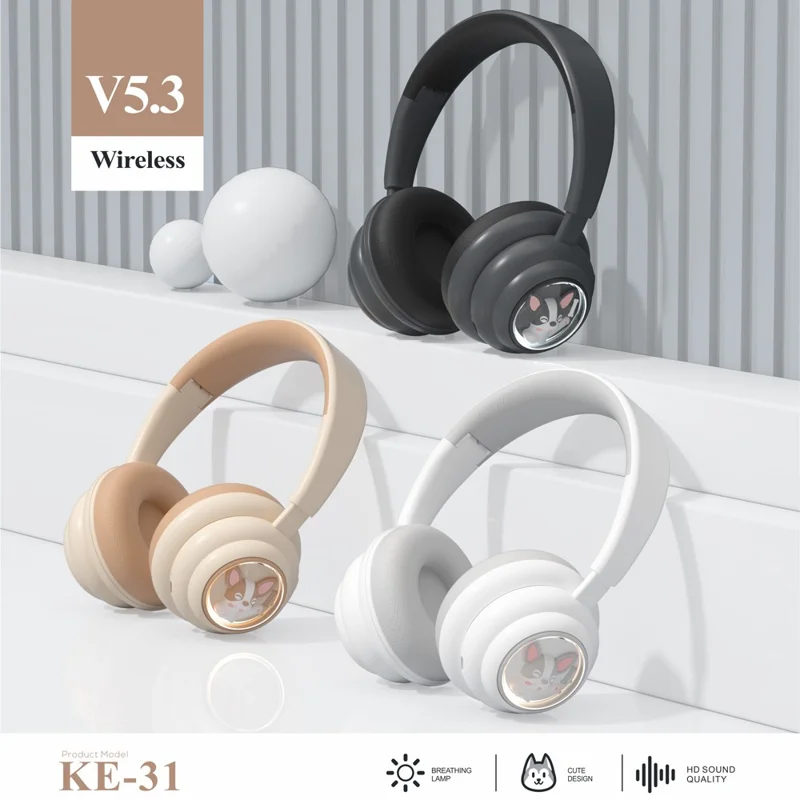 KE-31 Over-Ear Bluetooth-compatible Headphones with RGB Lights Wired / Wireless Headset - Beige