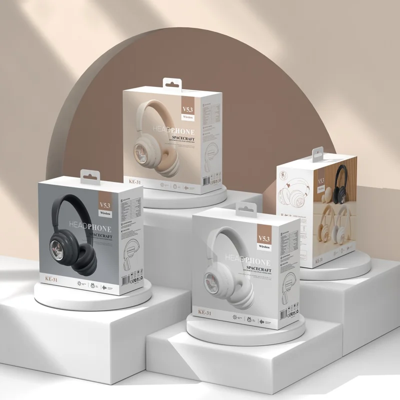 KE-31 Over-Ear Bluetooth-compatible Headphones with RGB Lights Wired / Wireless Headset - Beige